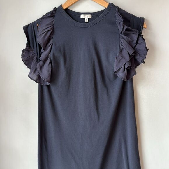 Anthropologie CLU Cotton Silk Navy Jersey Dress Cold Shoulder Flutter Sleeve - Picture 2 of 8